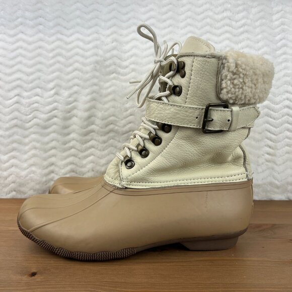 Sperry Shearwater Womens Leather Buckle Duck Boots Tan Beige Sherpa Lined Sz 10M - Picture 7 of 15